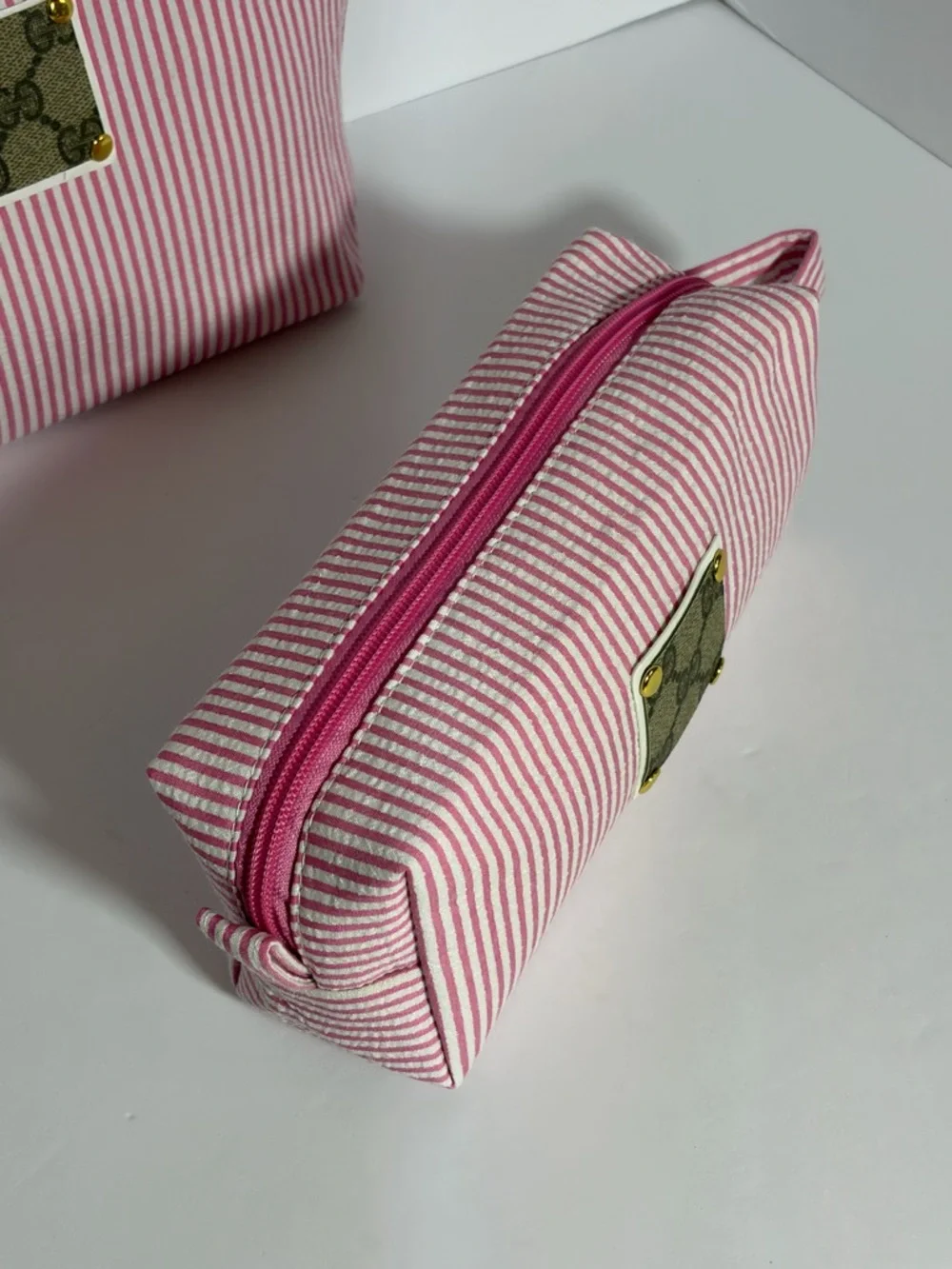 Pink & White Striped seersucker Makeup Pouch Duo w/ upcycled Gucci Patch